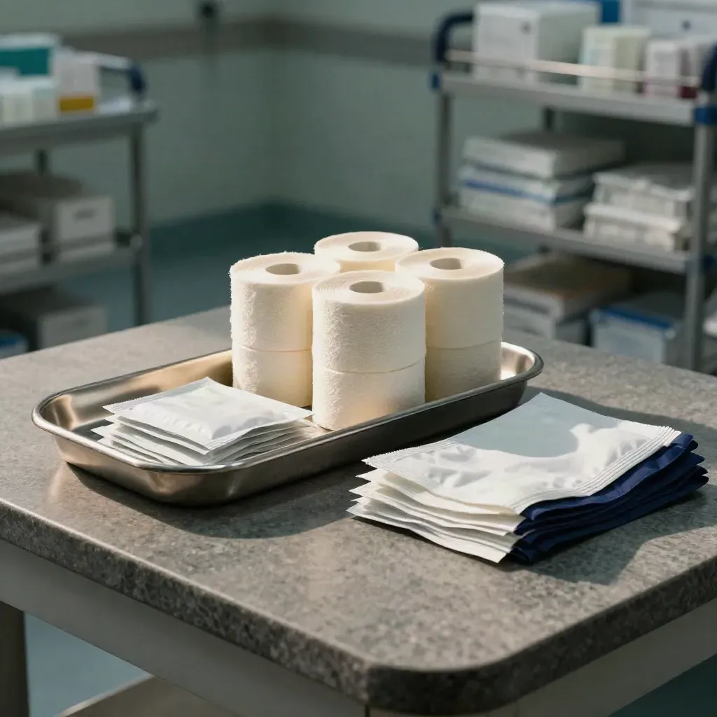 Healthcare supply-room still life with tray, gauze rolls, and clamp packets on stone.