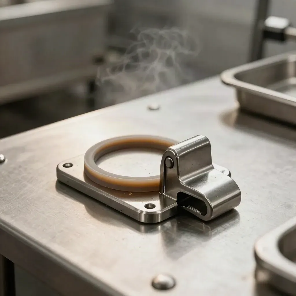 Close-up of a stainless hopper latch, gasket ring and tray clip on brushed metal with cool vapor.