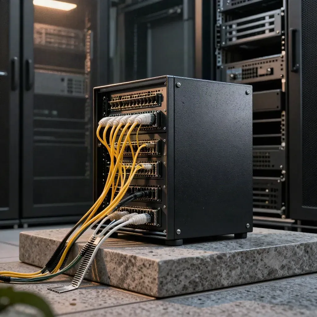 Rackmount firewall, fiber leads, and server rail hardware on a stone surface in humid midnight light.