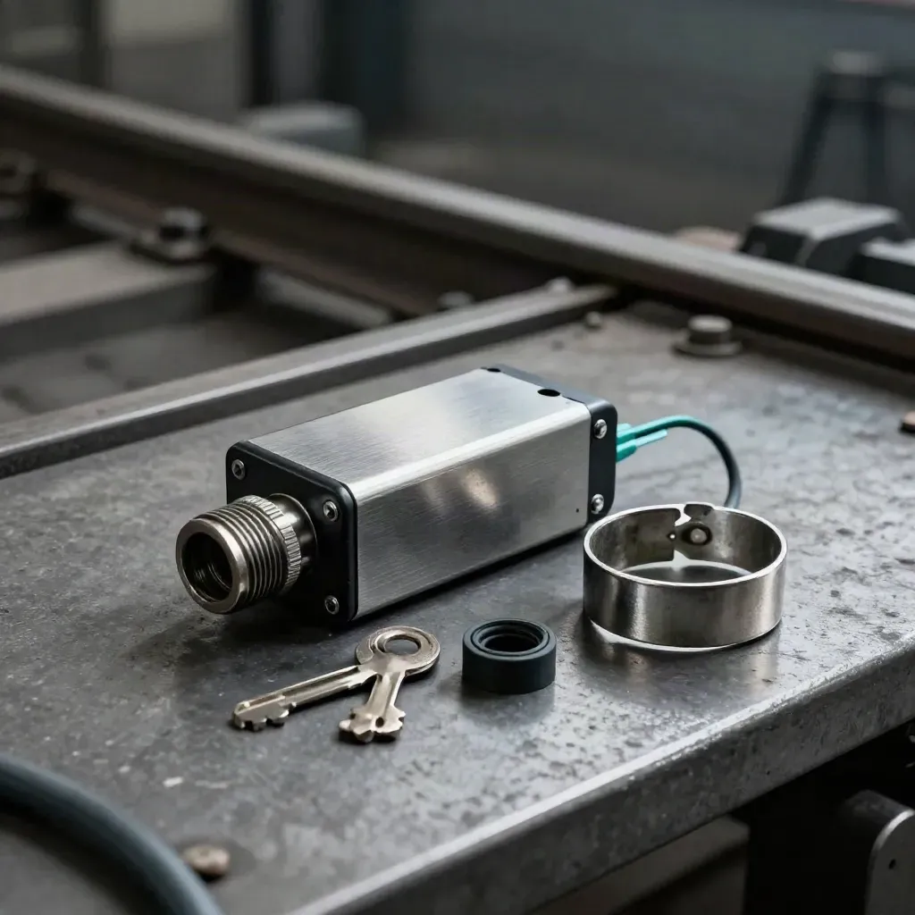 Rail maintenance parts on a steel bench under dramatic workshop light