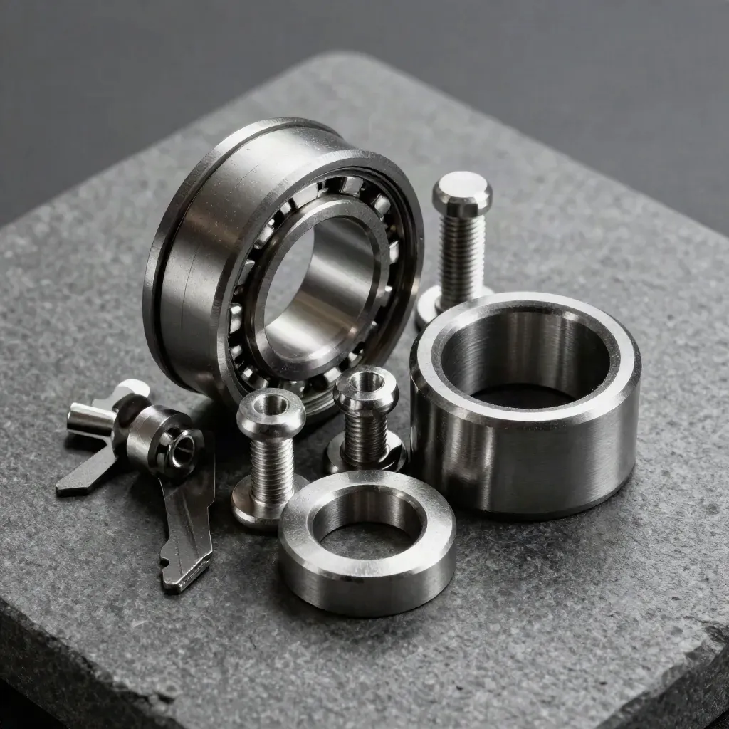 Macro still life of machined coupling parts on matte stone with dramatic light.