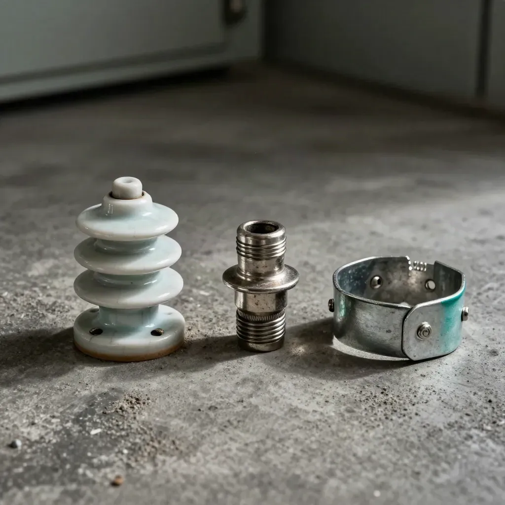 Utility cabinet parts on dark concrete: porcelain insulator disc, cable lug, and clamp with teal accent.
