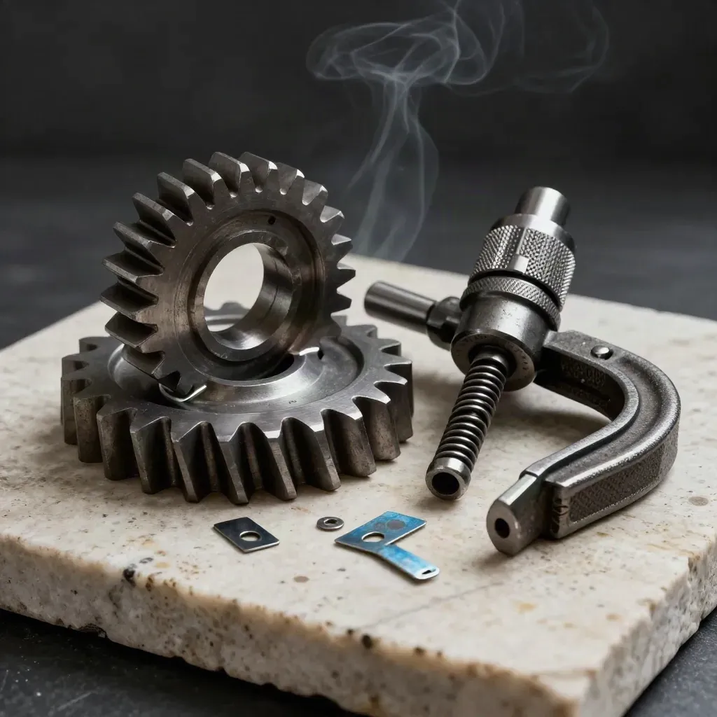 Forged steel gear blank, drill chuck and welding clamp on travertine in dramatic workshop light.
