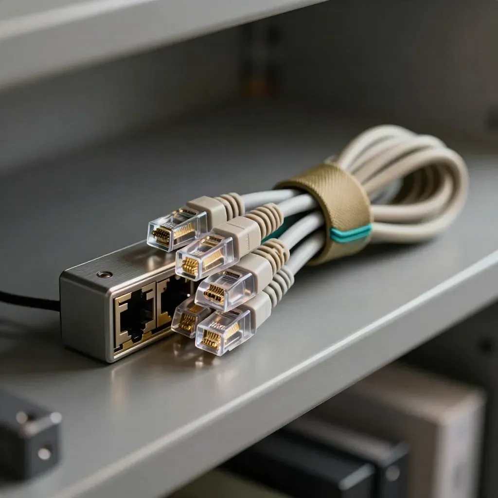 Coiled ethernet patch leads and switch ports on a matte graphite shelf, lit dramatically.