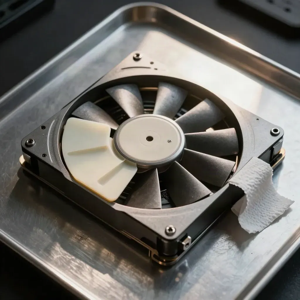 Overhead server fan module, thermal pad sheet, and PSU latch on brushed metal.