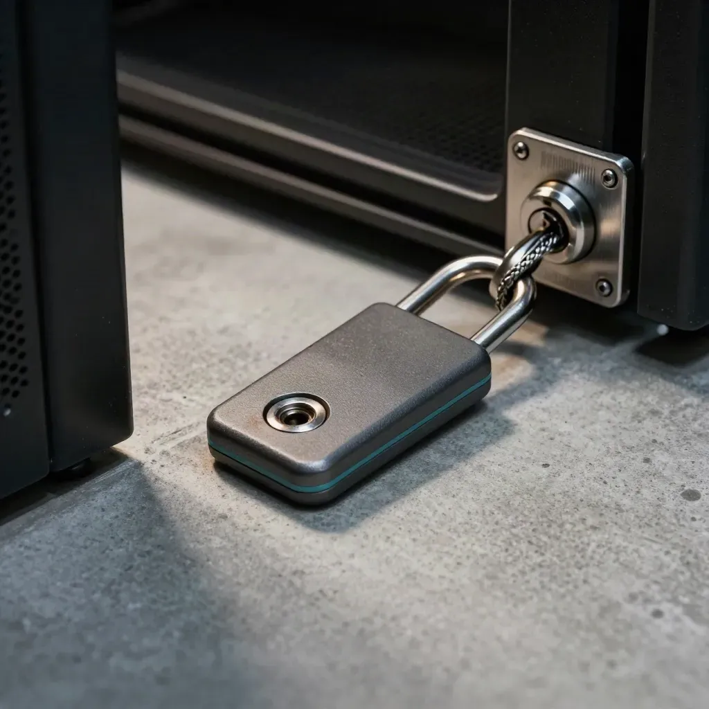 Security token, cable lock, and deadbolt hardware on a concrete server-room plinth.