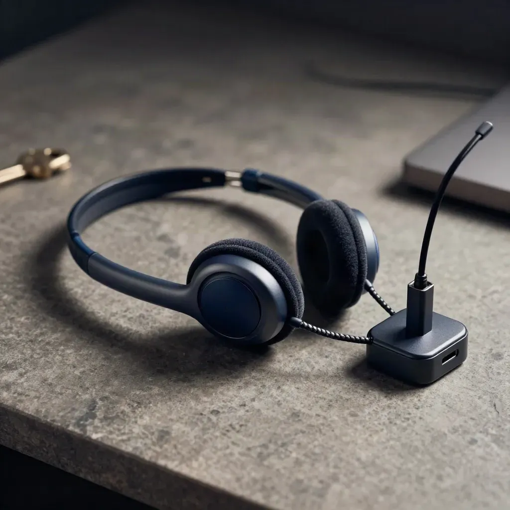 Close-up of a wired help-desk headset, dock and USB adapter on a limestone surface.