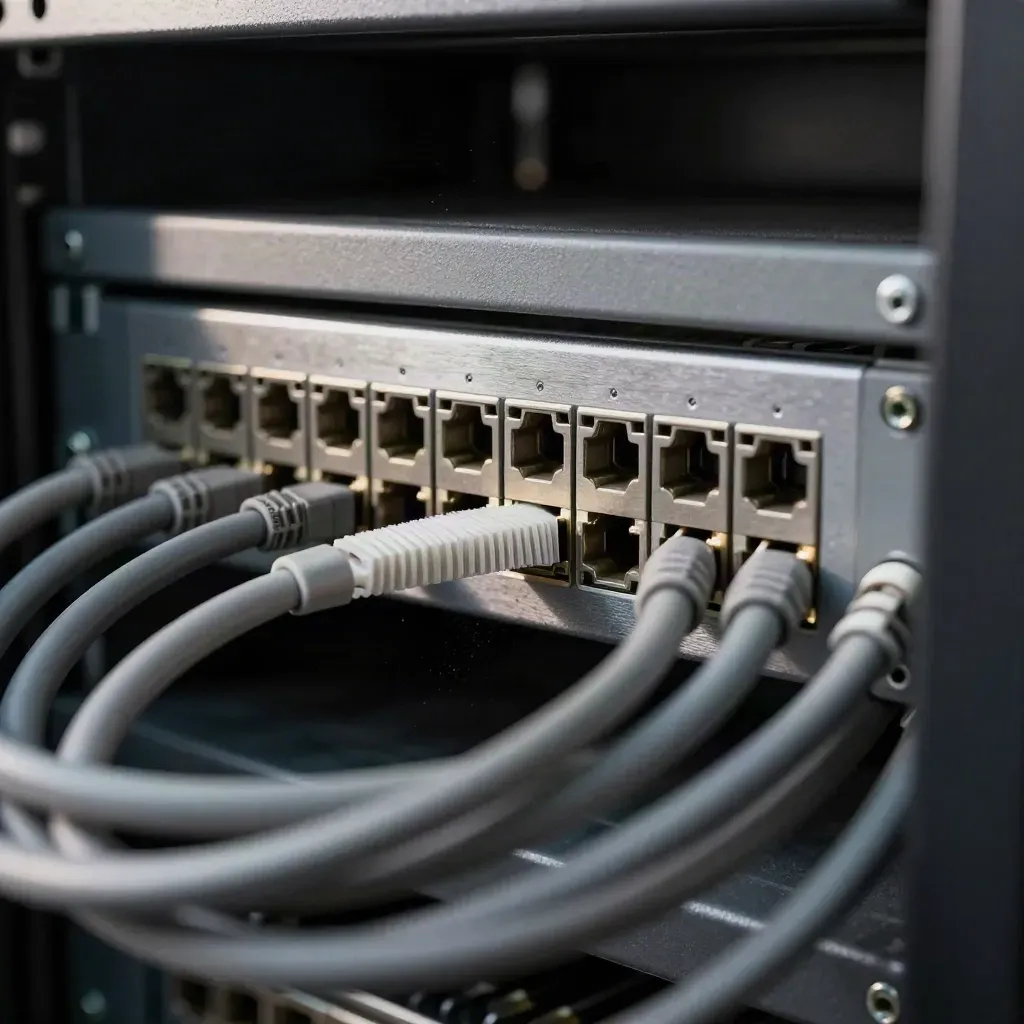 Close-up of rack hardware and cabling inside a server cabinet
