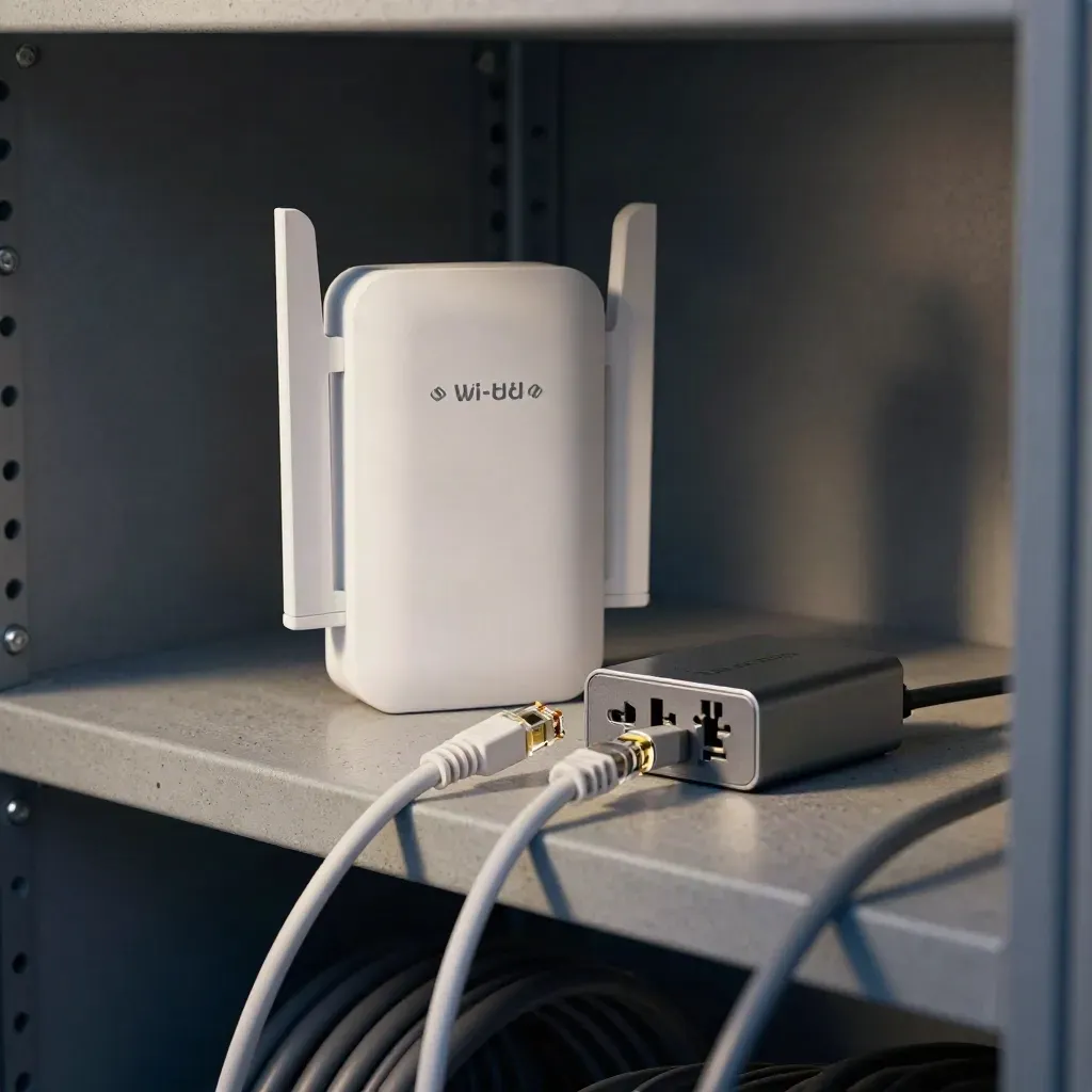 Wi-Fi mounts, patch leads, and surge protector on a concrete shelf in a dim network closet