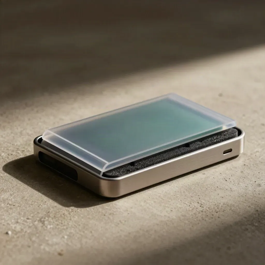 Top-down close-up of sealed SSDs, drive tray, and foam insert in muted neutral light.