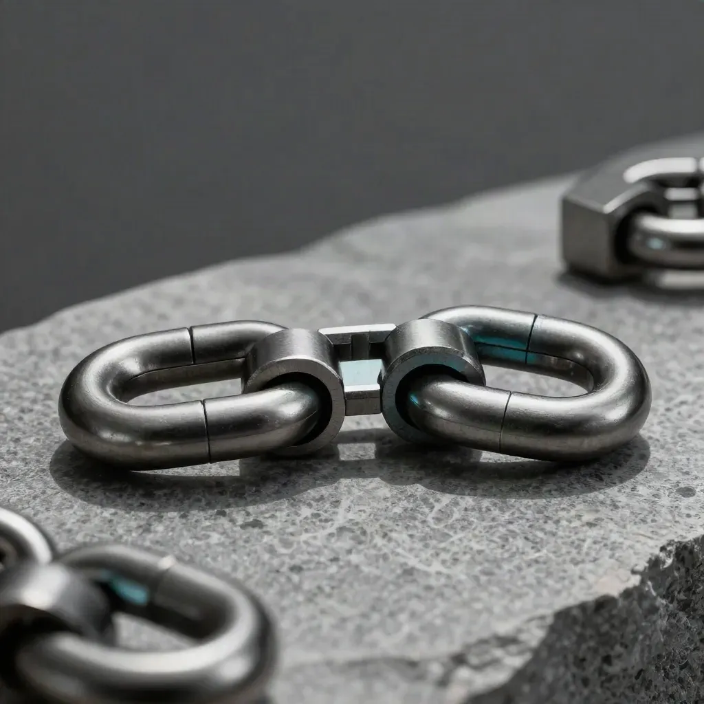 Machined links, ring, and modular block on stone under dramatic side light