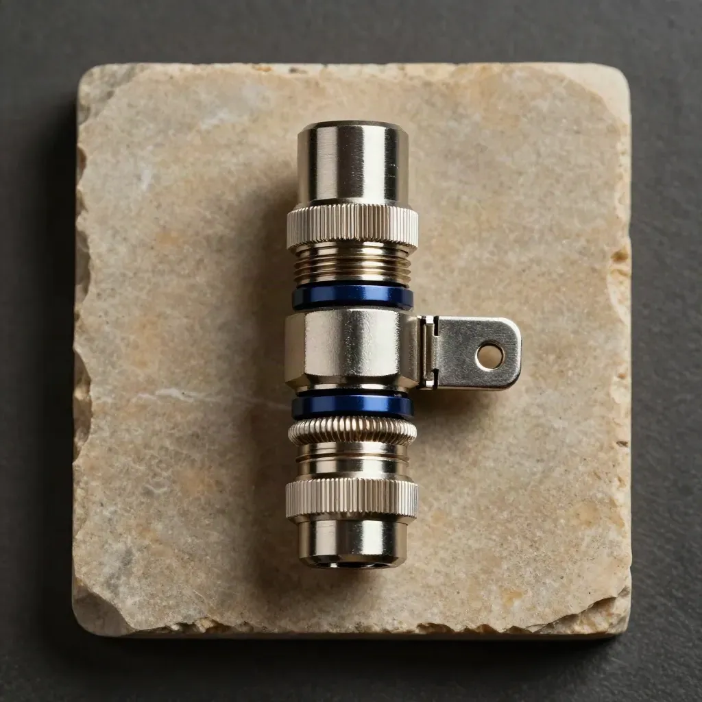 Top-down macro of stacked metal connectors and a hinge on limestone with a slim navy accent.