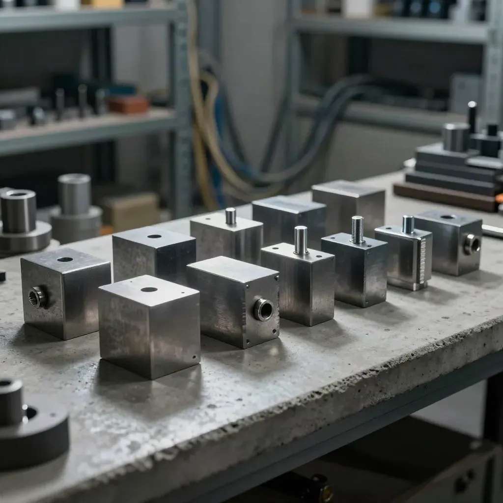 Machined workflow blocks and alignment pins on concrete in a dim systems workshop.