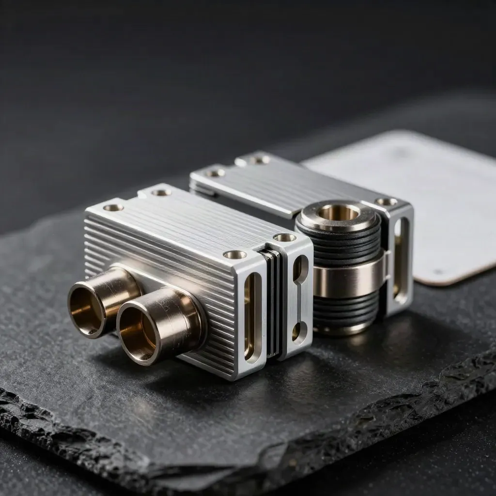 Macro of an aluminum connector stack on charcoal stone, lit dramatically.